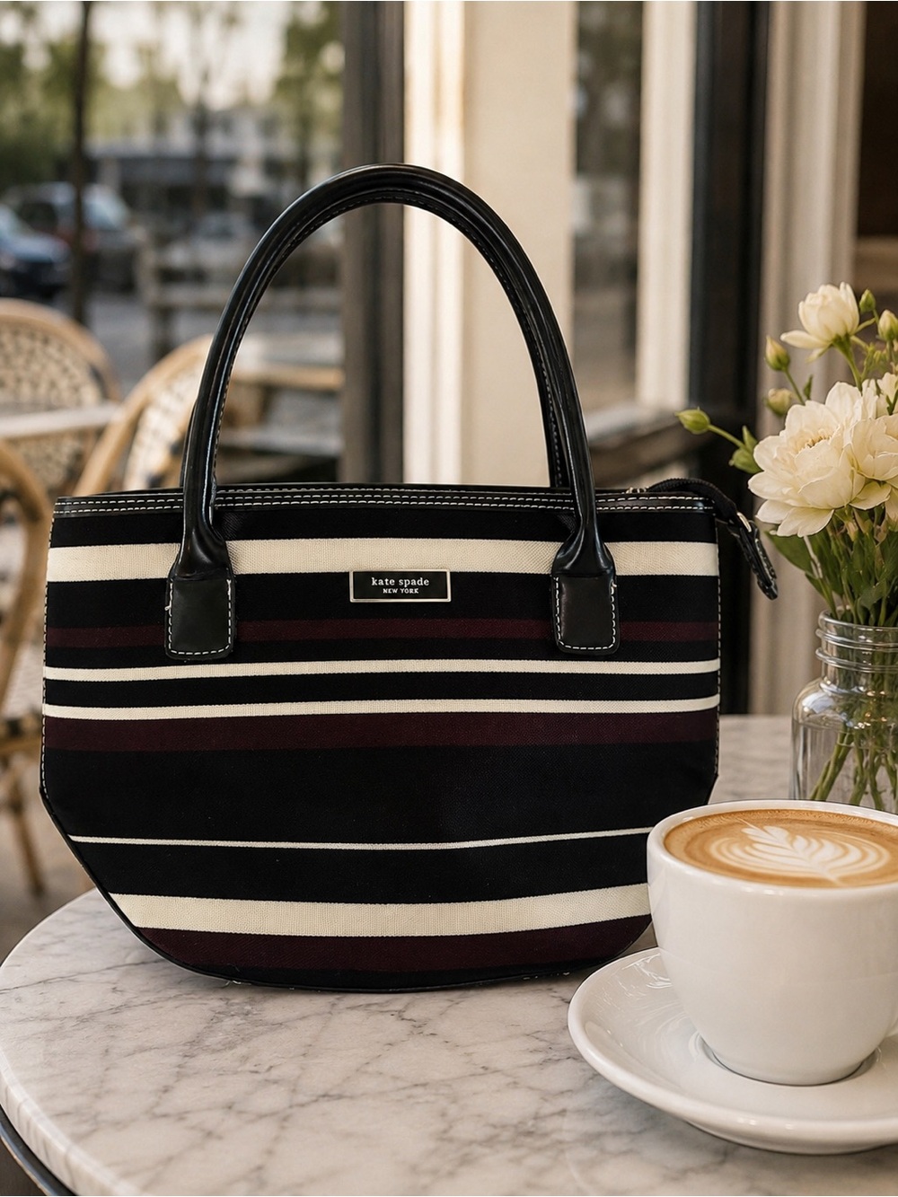 kate spade Black, Cream & Dark Red Striped Canvas Tote